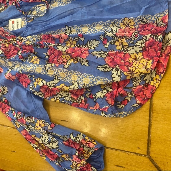 Free People Women’s Elena Floral Flowy Cotton Blue Pink Yellow Blouse NEW  XL - Picture 7 of 13